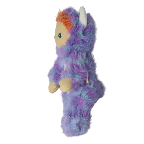 Profile view of a plush doll wearing a fuzzy purple monster costume with white horns and orange hair.