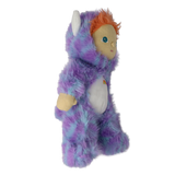 Profile view of plush doll in a fuzzy purple monster suit facing right with white horns and orange hair.