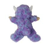 Back view of a plush doll in a fuzzy purple monster suit with white horns.