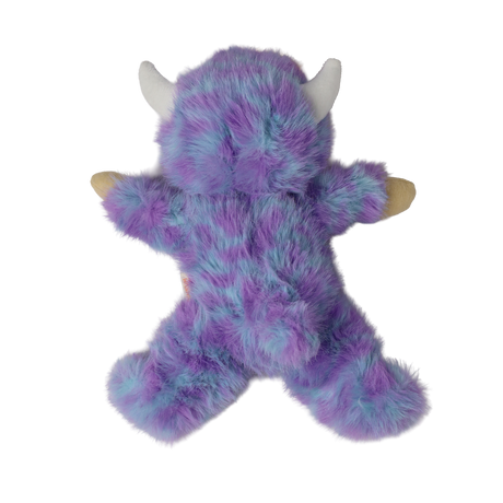 Back view of a plush doll in a fuzzy purple monster suit with white horns.