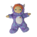 Front view of a plush doll in a fuzzy purple monster suit with arms spread and white horns.