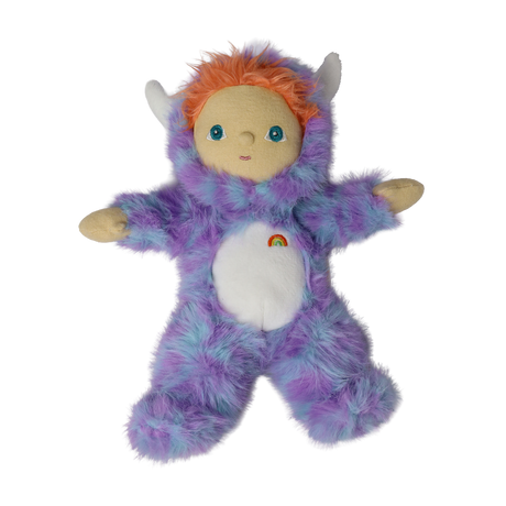Front view of a plush doll in a fuzzy purple monster suit with arms spread and white horns.