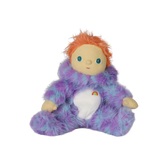Seated plush doll with orange hair in a fuzzy purple suit with hood down, revealing no horns.