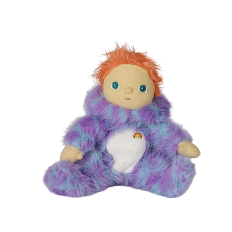 Seated plush doll with orange hair in a fuzzy purple suit with hood down, revealing no horns.