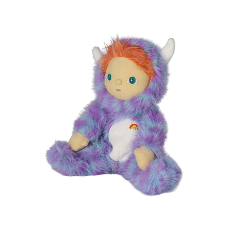 Seated plush doll in a fuzzy purple monster suit with white horns, orange hair, and blue eyes.