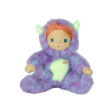 Plush doll in a fuzzy purple monster suit with small horns, orange hair, and blue eyes.