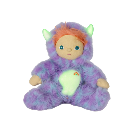Plush doll in a fuzzy purple monster suit with small horns, orange hair, and blue eyes.
