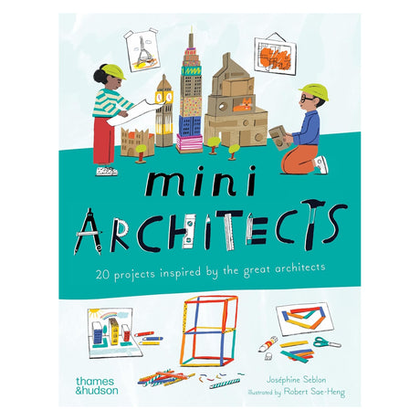 Mini Architects book cover with kids building models of famous landmarks like the Eiffel Tower and Big Ben using cardboard.