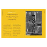 Book introduction page with architecture quote on yellow background and black-and-white photo of children by concrete wall.