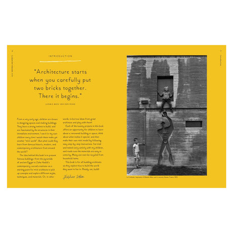 Book introduction page with architecture quote on yellow background and black-and-white photo of children by concrete wall.