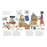 Children building cardboard structures in "How to use this book" guide for mini architects. STEM craft activities.