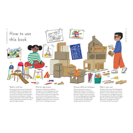 Children building cardboard structures in "How to use this book" guide for mini architects. STEM craft activities.