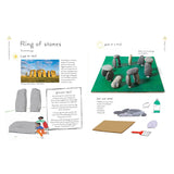 Educational book spread about Stonehenge featuring a photo of the monument and a DIY pebble craft activity for kids.