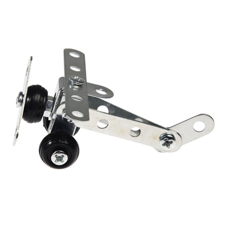 Metallic toy airplane made from perforated metal strips, nuts, and bolts. Features small black wheels and a shiny silver finish on a white background.