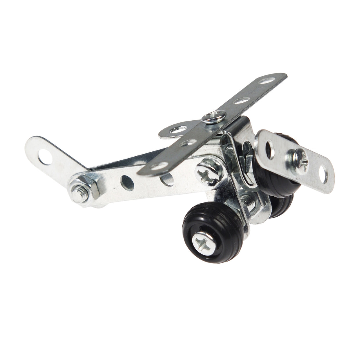 Metallic sliding door roller, featuring shiny steel brackets with four black wheels, positioned on a white background, conveying functionality and precision.