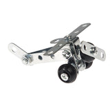 Metallic sliding door roller, featuring shiny steel brackets with four black wheels, positioned on a white background, conveying functionality and precision.