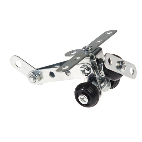 Metallic sliding door roller, featuring shiny steel brackets with four black wheels, positioned on a white background, conveying functionality and precision.