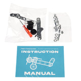 Blue instruction manual with construction kit parts in clear bags. Includes metal pieces, nuts, bolts, and a small red screwdriver.