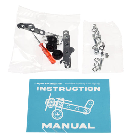 Blue instruction manual with construction kit parts in clear bags. Includes metal pieces, nuts, bolts, and a small red screwdriver.