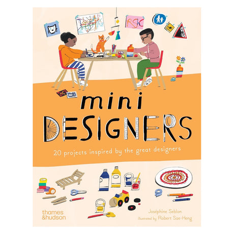 Children's book cover "Mini Designers" by Joséphine Seblon, featuring two kids and a cat crafting at a wooden table.
