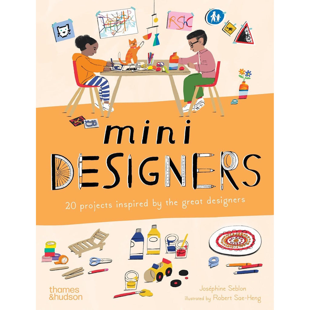 Illustrated book cover titled "Mini Designers" shows two children crafting at a table, surrounded by art supplies. The tone is creative and playful.