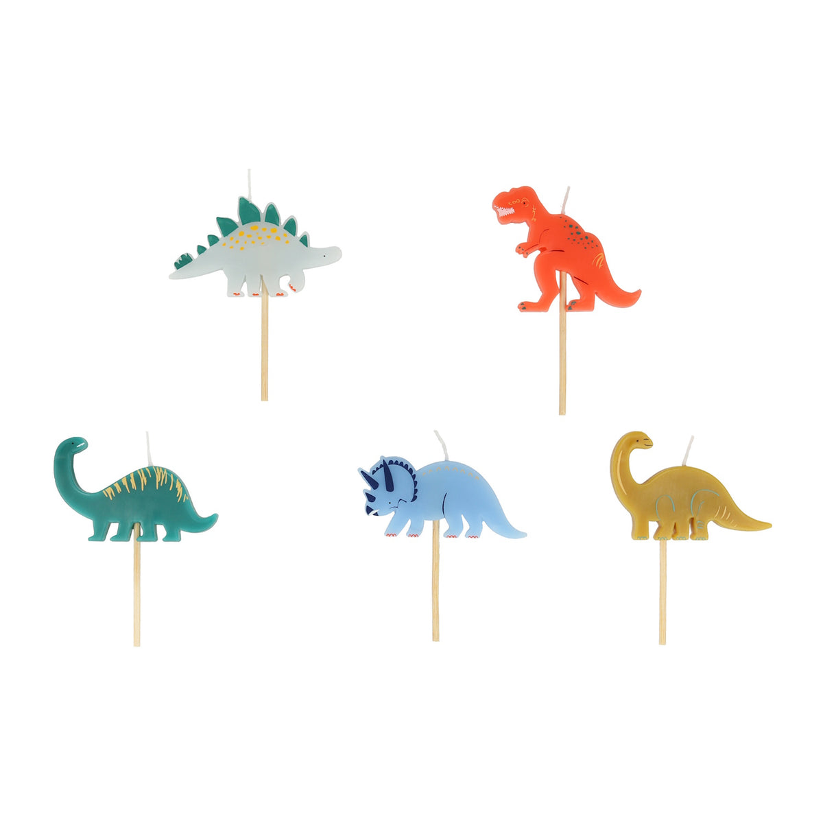 Five dinosaur birthday candles on wooden picks, including a Stegosaurus, T-Rex, and Triceratops.