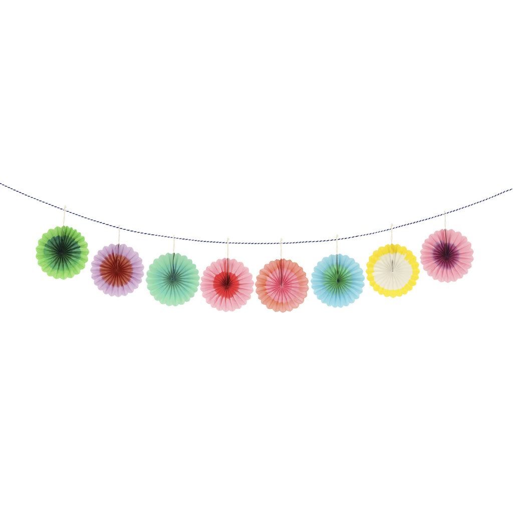 A decorative garland featuring small, colorful paper fan shapes, perfect for adding a cheerful touch to parties or celebrations.