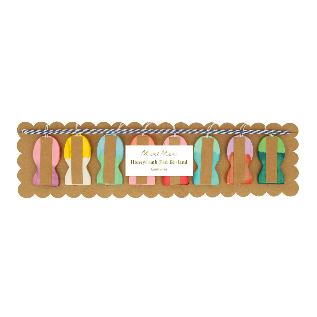 A decorative garland featuring small, colorful paper fan shapes, perfect for adding a cheerful touch to parties or celebrations.