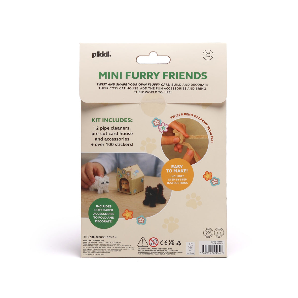 Back of Mini Furry Friends craft kit packaging with contents list and product preview images.
