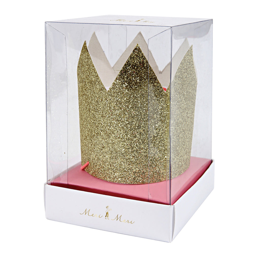 Featuring small, sparkly gold crowns with elastic bands - perfect for party guests, dress-up, or festive celebrations.