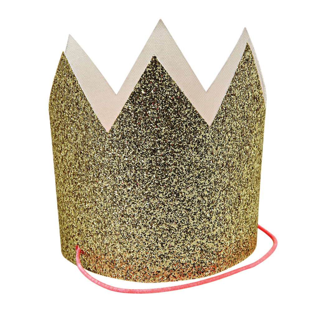 Featuring small, sparkly gold crowns with elastic bands - perfect for party guests, dress-up, or festive celebrations.