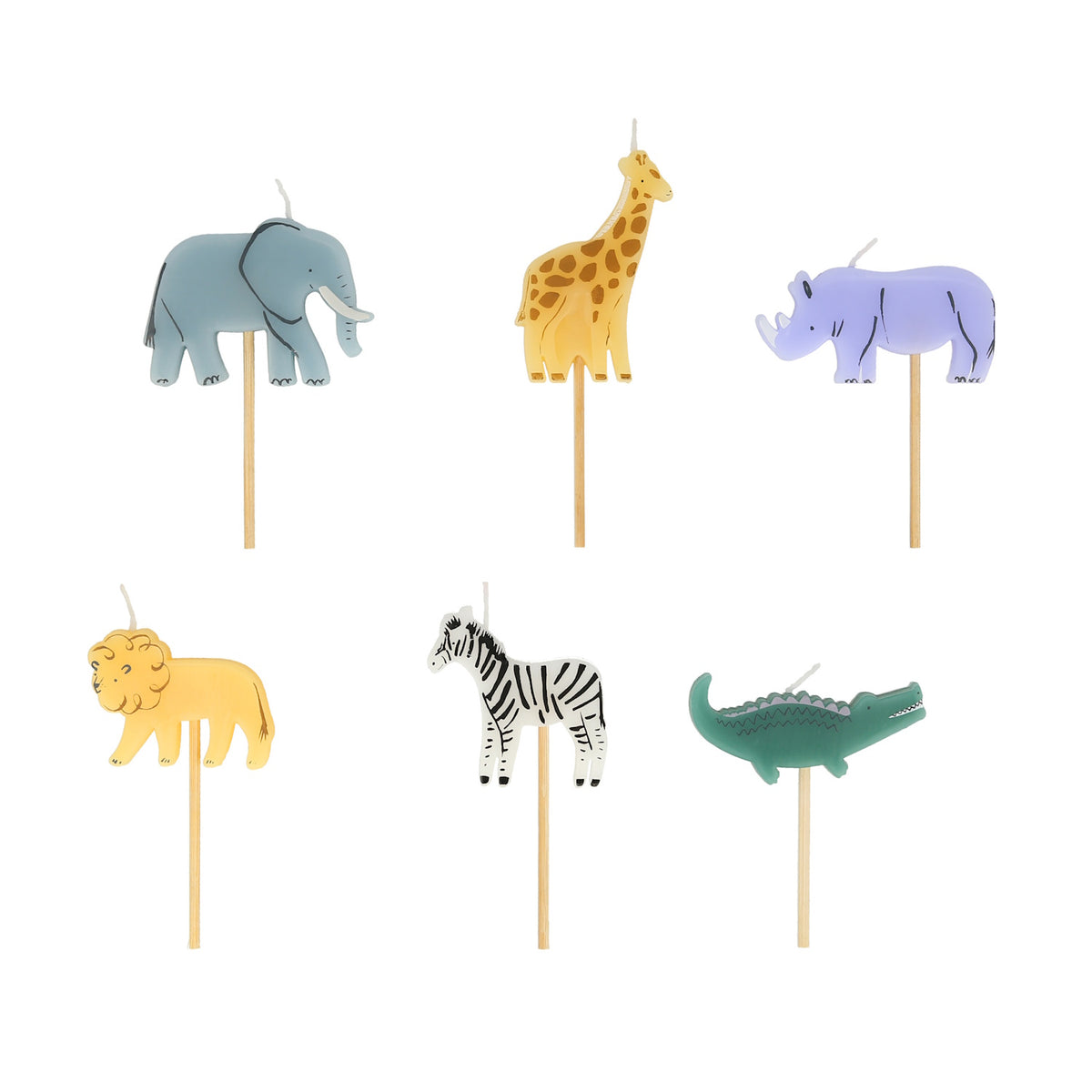 Six safari animal birthday candles on wooden picks, including an elephant, giraffe, rhino, lion, zebra, and crocodile.