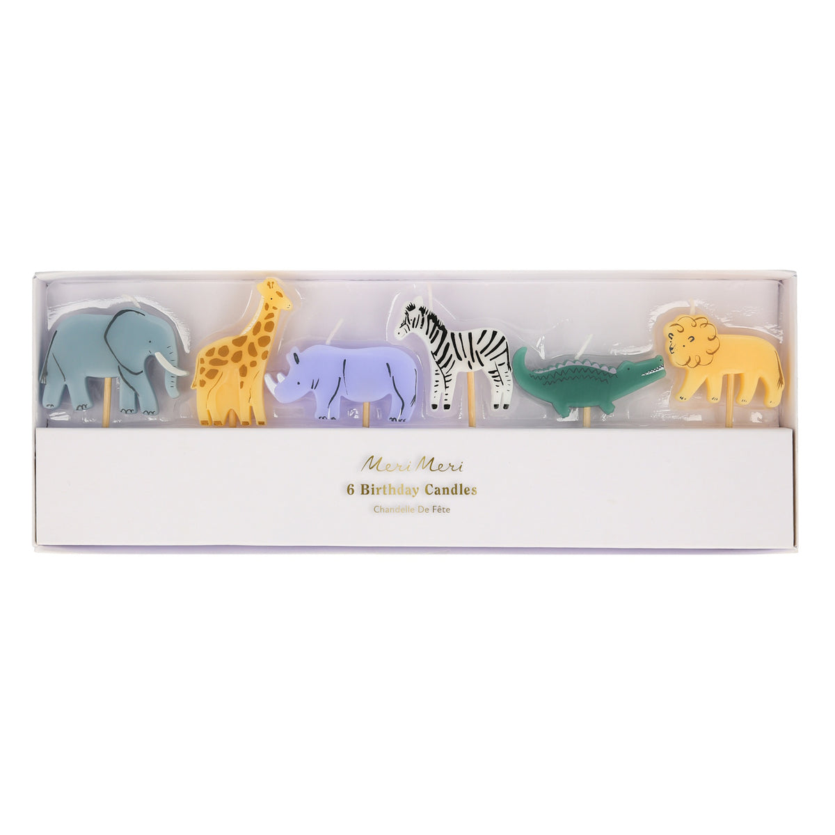 Boxed set of six Meri Meri safari animal birthday candles, including a lion, zebra, and elephant.