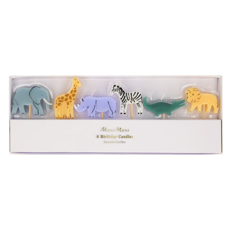 Boxed set of six Meri Meri safari animal birthday candles, including a lion, zebra, and elephant.