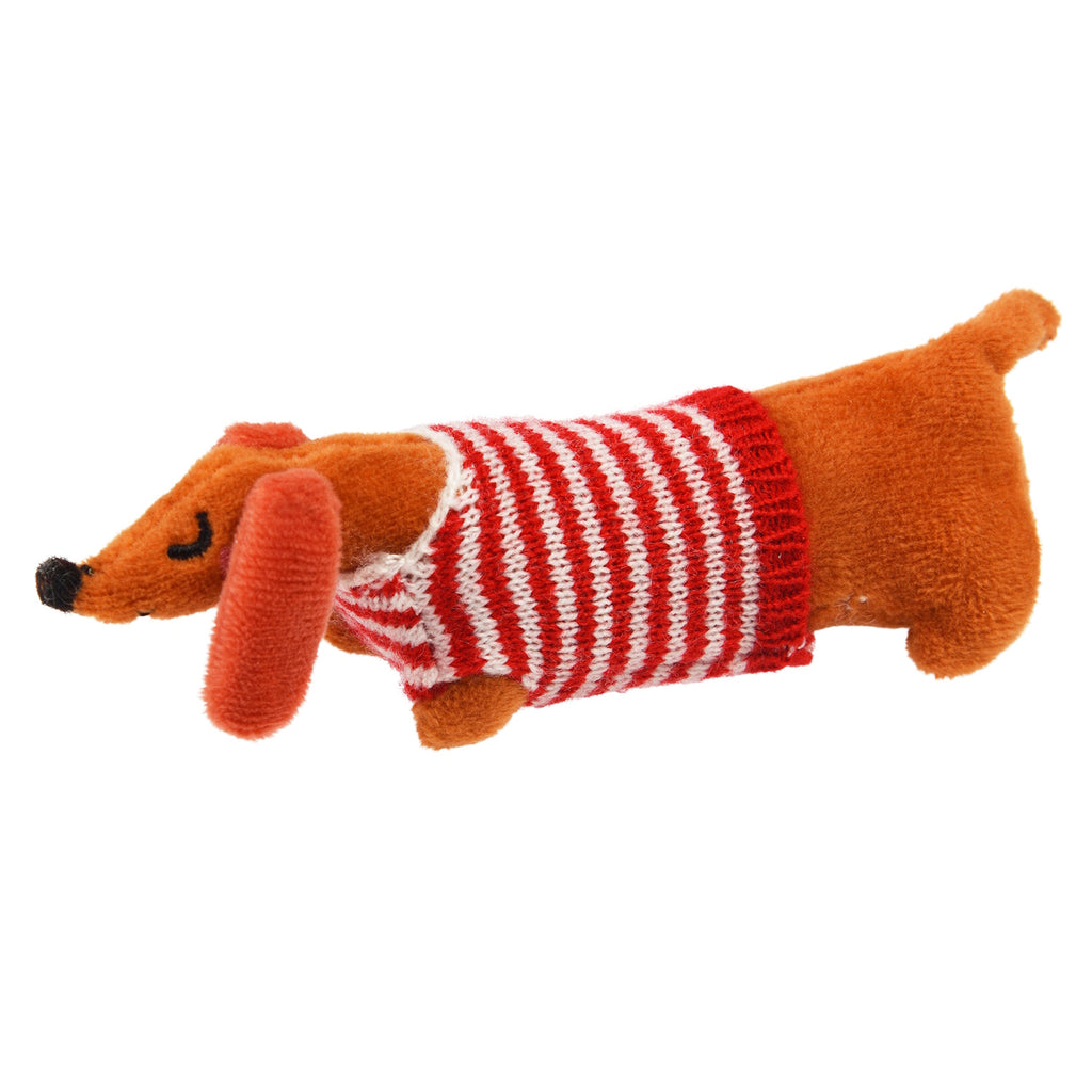 A cute plush dachshund toy wearing a vibrant red and white striped sweater, showcasing a playful and cozy design.
