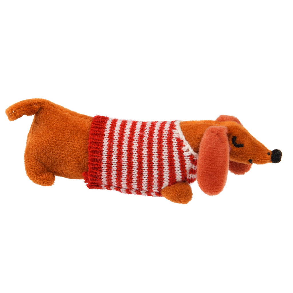 A cute plush dachshund toy wearing a vibrant red and white striped sweater, showcasing a playful and cozy design.