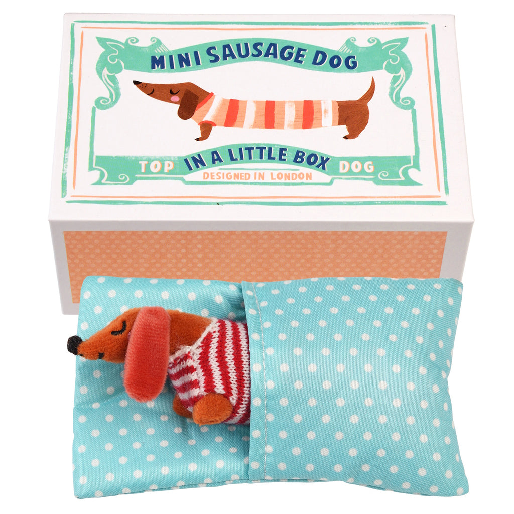 A miniature stuffed dachshund in a cozy bed, wearing a striped sweater, packaged in a small, decorative box – perfect for gifting or collecting.