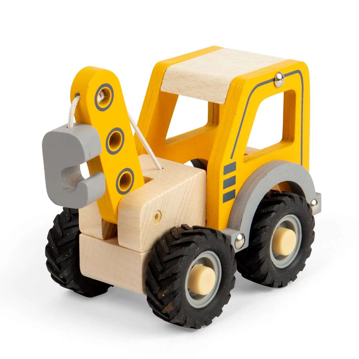 Yellow wooden toy tow truck with black wheels, gray hook, and rope. The truck has a cheerful, playful design, suitable for young children.