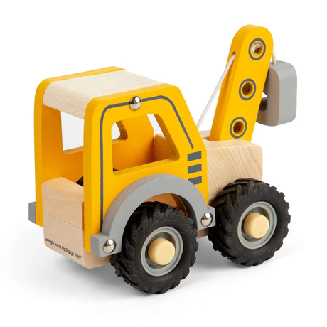 Wooden toy tow truck with bright yellow body, grey accents, and black wheels. Features a movable arm, conveying a playful and sturdy design.