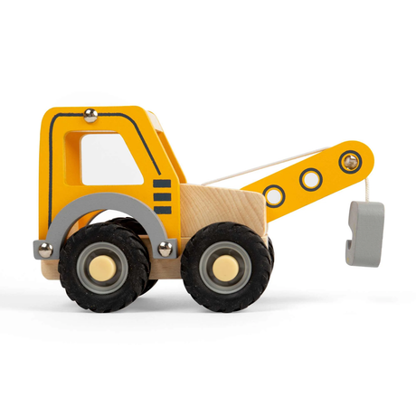 Wooden toy tow truck in bright yellow and natural wood colors with black rubber tires and a gray hook. The design is playful and cheerful.