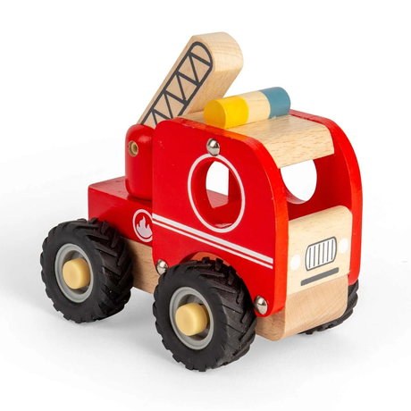 Wooden toy fire truck with a red body, black tires, and a yellow and blue ladder on top. It has a simple, playful design and a cheerful tone.