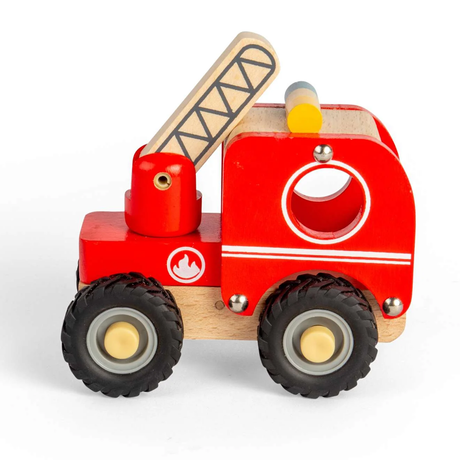 Wooden toy fire truck with bright red body, black wheels, and ladder on top. It has playful elements and a fire symbol, evoking childhood fun.
