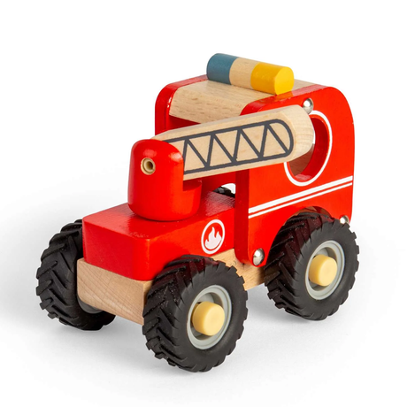 Wooden toy fire truck with a red body, black tires, and a small ladder. It has a simple, colorful design with a playful, cheerful tone.