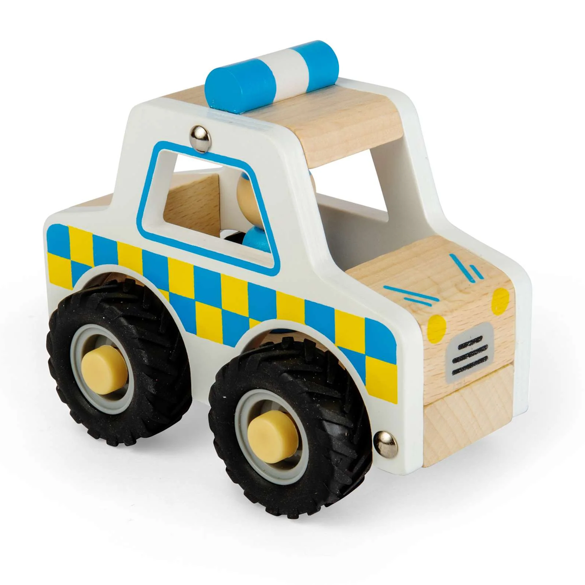 Wooden toy police car with black wheels, blue and yellow checkered pattern on sides, blue light bar on top; playful and sturdy design.