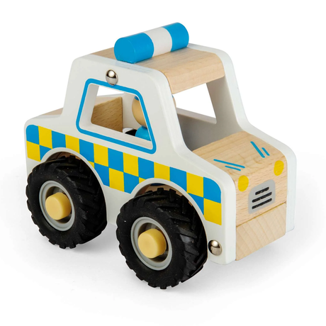 Wooden toy police car with black wheels, blue and yellow checkered pattern on sides, blue light bar on top; playful and sturdy design.