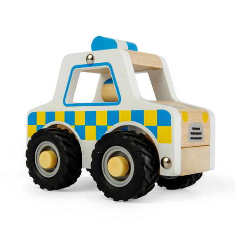 A wooden toy police car with blue and yellow checkered patterns, thick black tires, and a blue light on top. It has a playful and sturdy design.