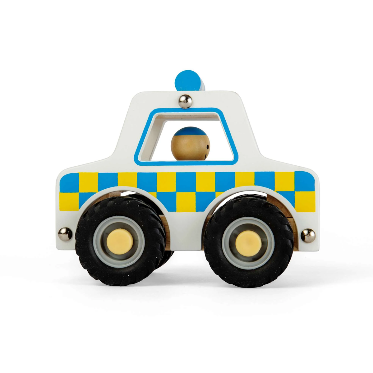 Wooden toy police car with blue and yellow checkered design, large black wheels, and a wooden figure driver. The mood is playful and cheerful.