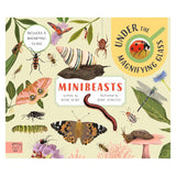 Minibeasts Under the Magnifying Glass book cover featuring illustrations of insects, a snail, and a butterfly.