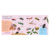 Educational children's book spread "Buzzing and Scurrying" featuring colorful illustrations of bees, wasps, and ants.