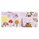 Illustrated book spread titled "Be a Friend to Bugs" featuring colorful flowers, butterflies, bees, a bird, and a frog.